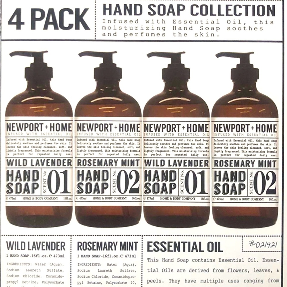4 Glass Bottles, Newport + Home Hand Soap, 2 Rosemary Mint, 2 Wild Laven…